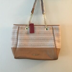 Enzo Angiolini Woven Cream and Tan Shoulder Tote Bag with Chain Straps